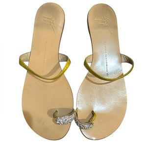 Giuseppe Zanotti gold leather flat toe ring sandals with crystal embellishments